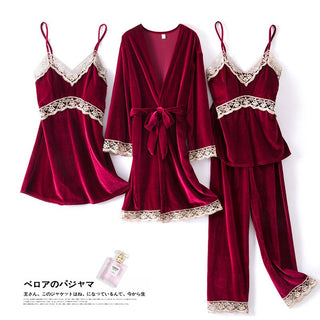 Buy burgundy-b Autumn Winter Velvet Nightwear 4PCS Female Pajamas Set