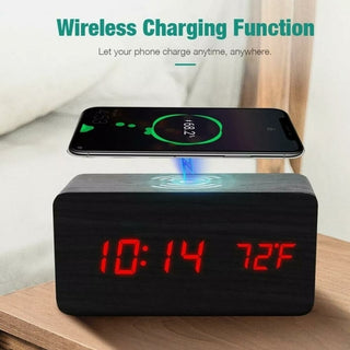 Buy black Wooden Digital Alarm Clock with Wireless Phone Charging Pad