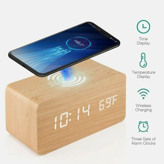 Buy wood Wooden Digital Alarm Clock with Wireless Phone Charging Pad