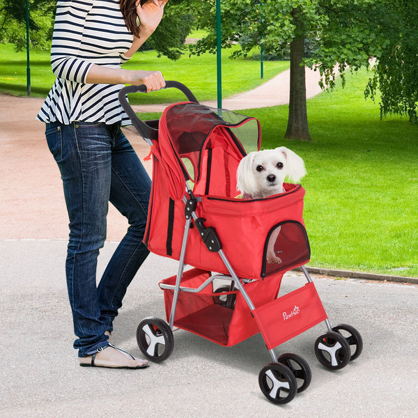 PawHut Cat Dog Carrier Cart Foldable Cup Holder with Storage Red