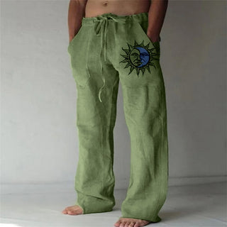 Buy color5 Solid Full Length Soft Linen Pants Mid Waist Pocket Drawstring