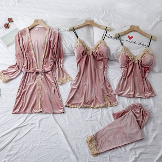 Buy pink-c Autumn Winter Velvet Nightwear 4PCS Female Pajamas Set