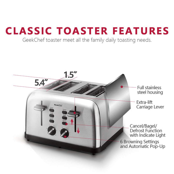 Geek Chef 4 Slice Toaster Stainless Steel Extra-Wide Slot Toaster
