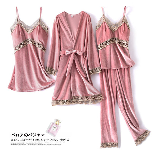 Autumn Winter Velvet Nightwear 4PCS Female Pajamas Set