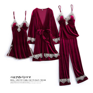 Buy burgundy-d Autumn Winter Velvet Nightwear 4PCS Female Pajamas Set