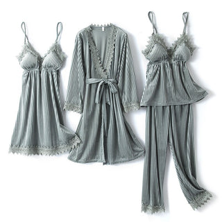 Buy gray-a Autumn Winter Velvet Nightwear 4PCS Female Pajamas Set